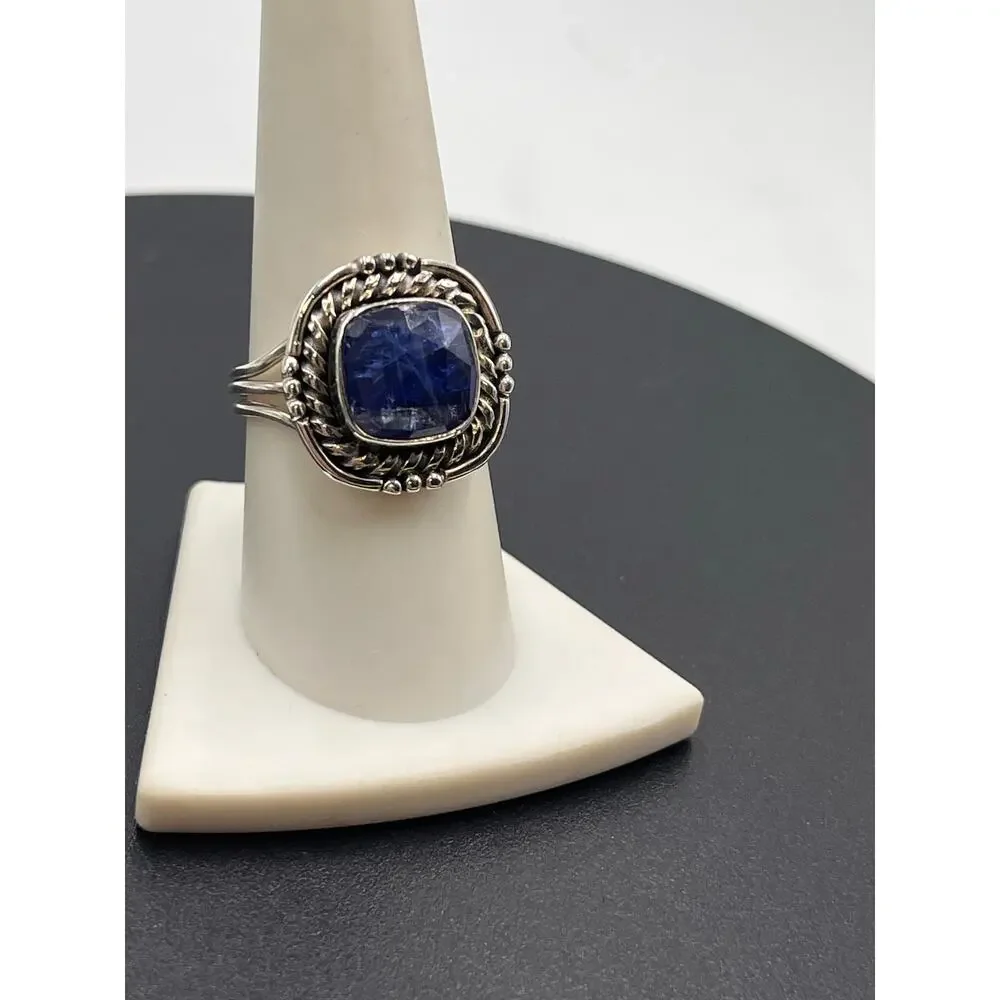 Artisan Twisted Sterling Silver Cushion Cut Deep Blue Kyanite Stone‎ ring Sz  9